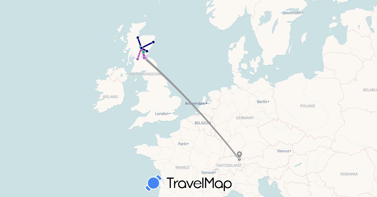 TravelMap itinerary: driving, bus, plane, train in Austria, United Kingdom (Europe)